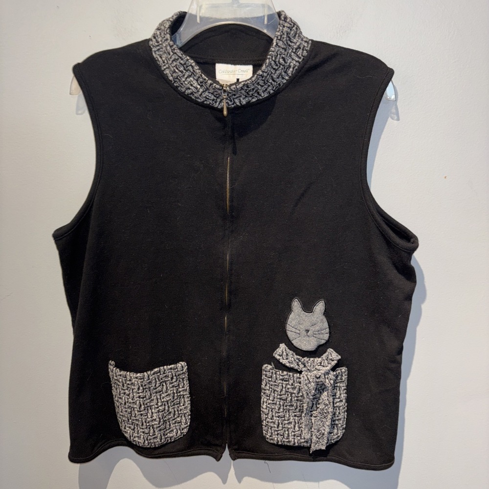 Coldwater Creek Black Knit Vest Cat Appliqué Pockets Mock Neck Women's Size XL